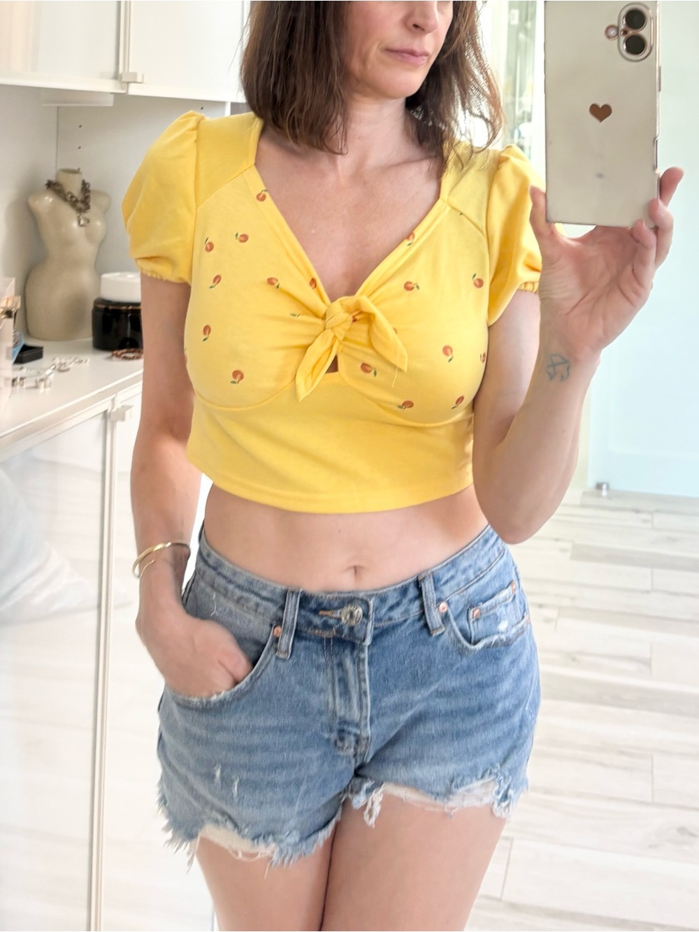 Cider Yellow Tie-Front Crop Top with Puff Sleeves